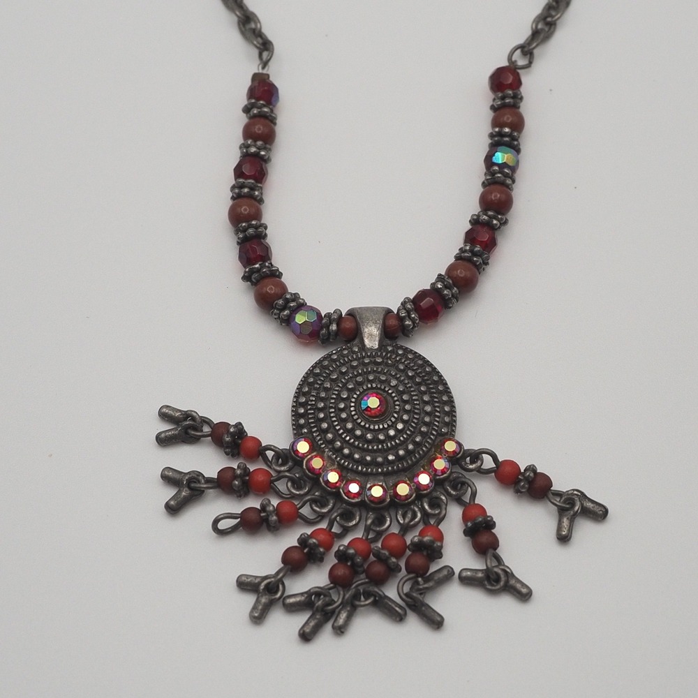 Vintage Collar Necklace Medallion Pendant Red Bead Fringe Antiqued Silver Tone